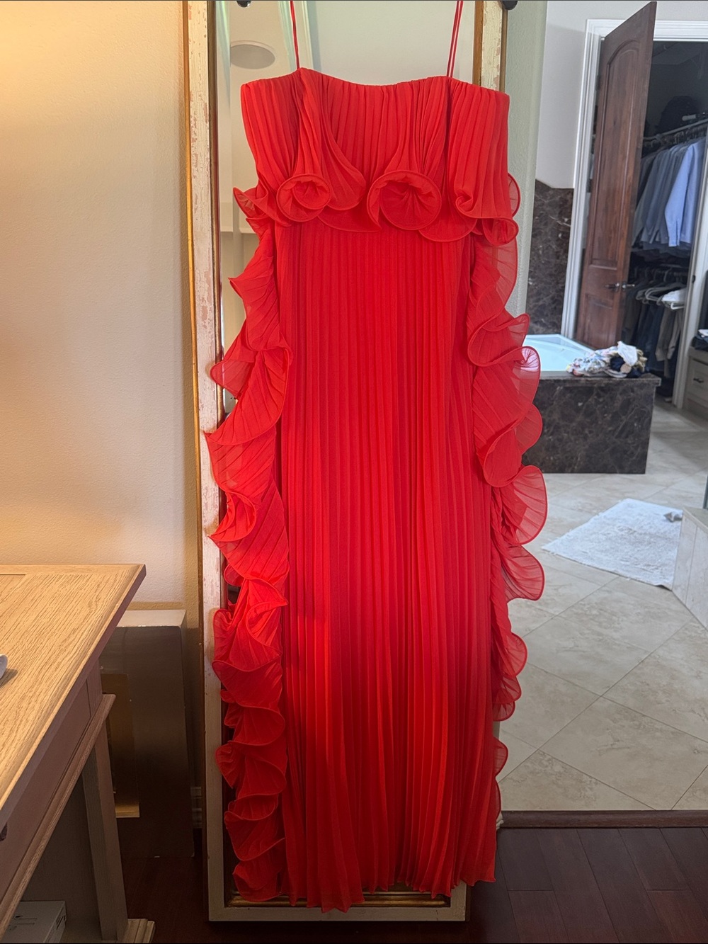 Badgley Mischka Red Ruffle Pleated Evening Dress